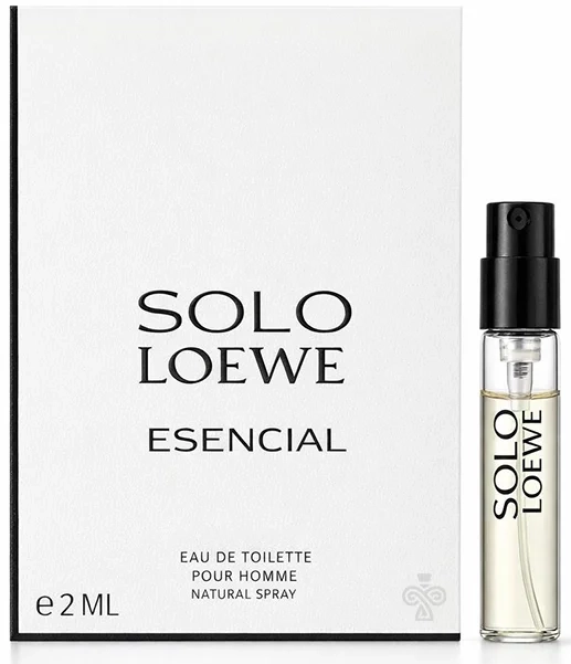 عينة عطر لوي سولو إيسنسيال كلاسيك أو دو تواليت للرجال Loewe Solo Esencial EDT بحجم 2 مل مع عبوة بيضاء وبخاخ صغير.